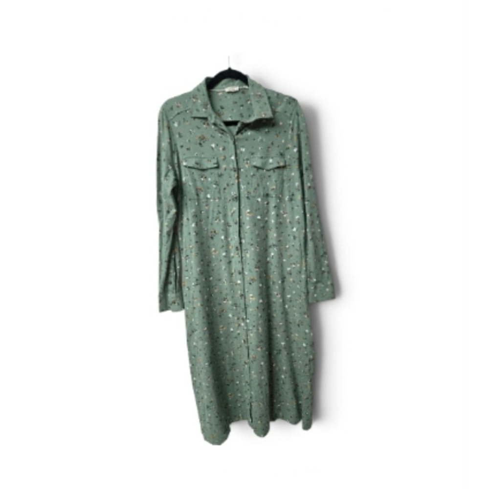 Fat Face Olive Green Ditsy Floral Cotton Jersey Midi Shirt Dress Boho Casual
